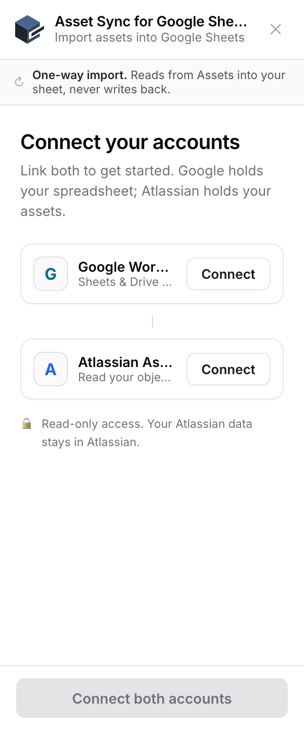 The connect screen with the one-way banner at the top: reads from Assets into your sheet, never writes back