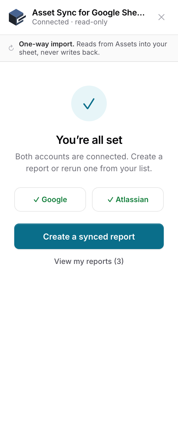 The ready screen, both accounts ticked, with a Create a synced report button