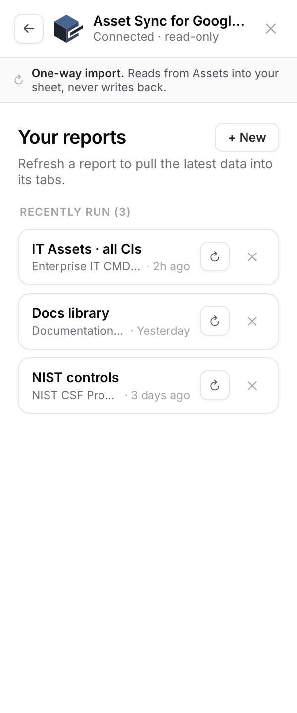 The reports list showing three recently run reports, each with refresh and delete buttons