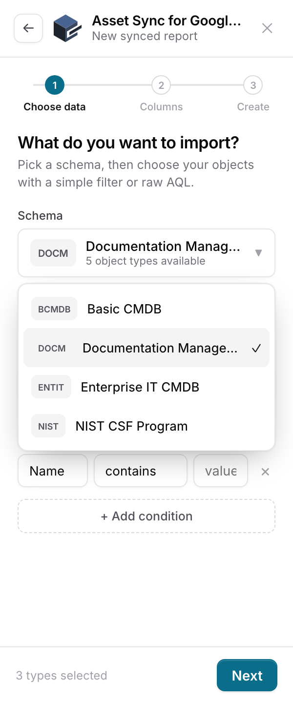 Step one with the schema dropdown open, listing the available schemas