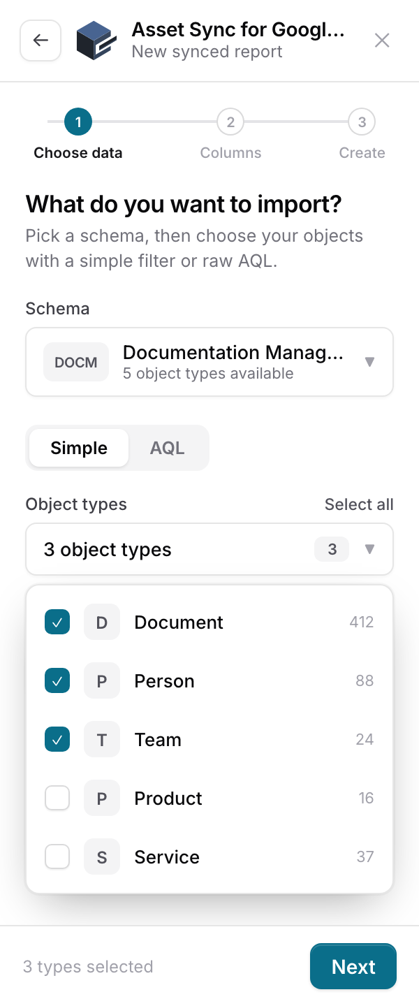The object types dropdown with three types ticked