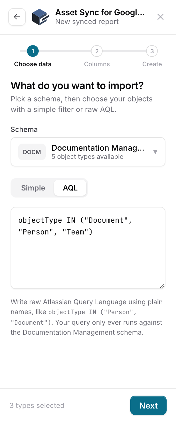 AQL mode with the pre-filled query and the schema-scoping note beneath it