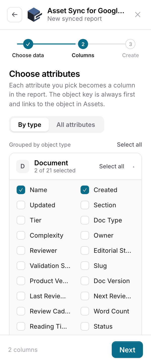 Step two showing the Document type's attributes, two of twenty-one selected