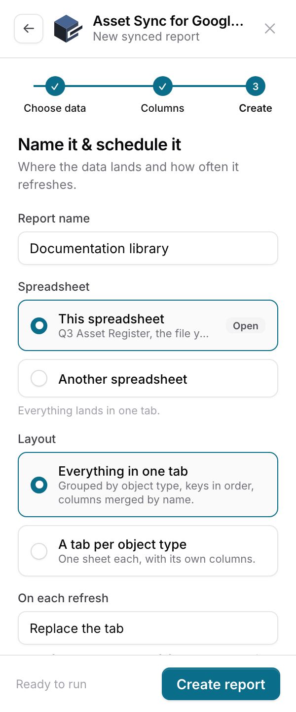 Step three with the report name, spreadsheet choice, layout choice, and write mode