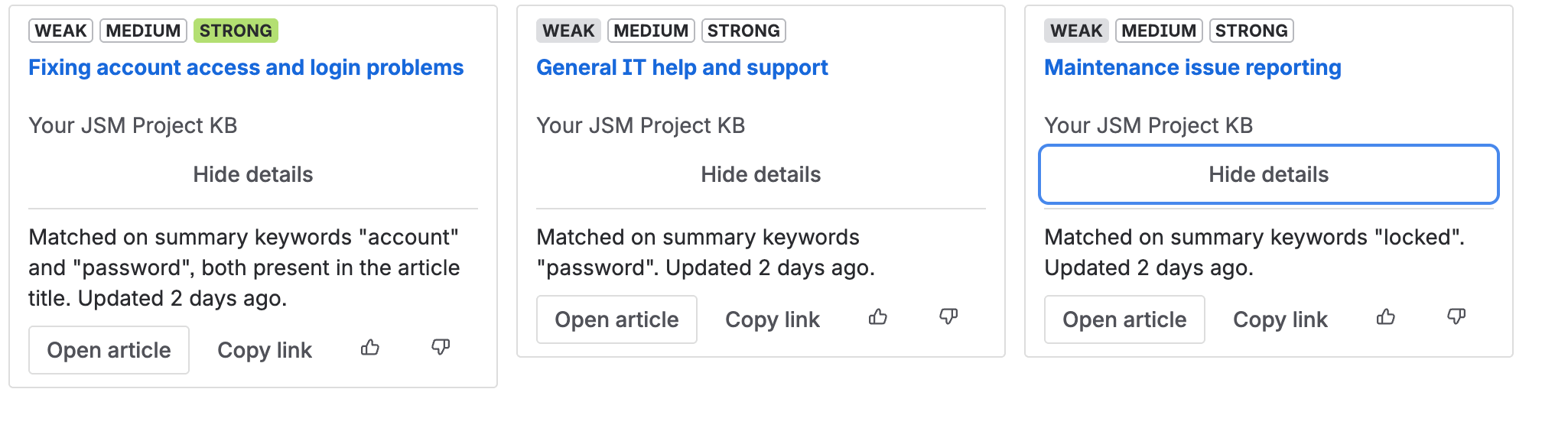 Agent issue panel showing three ranked knowledge article suggestions with match strength, match reasons, open article actions, copy link actions, and feedback controls