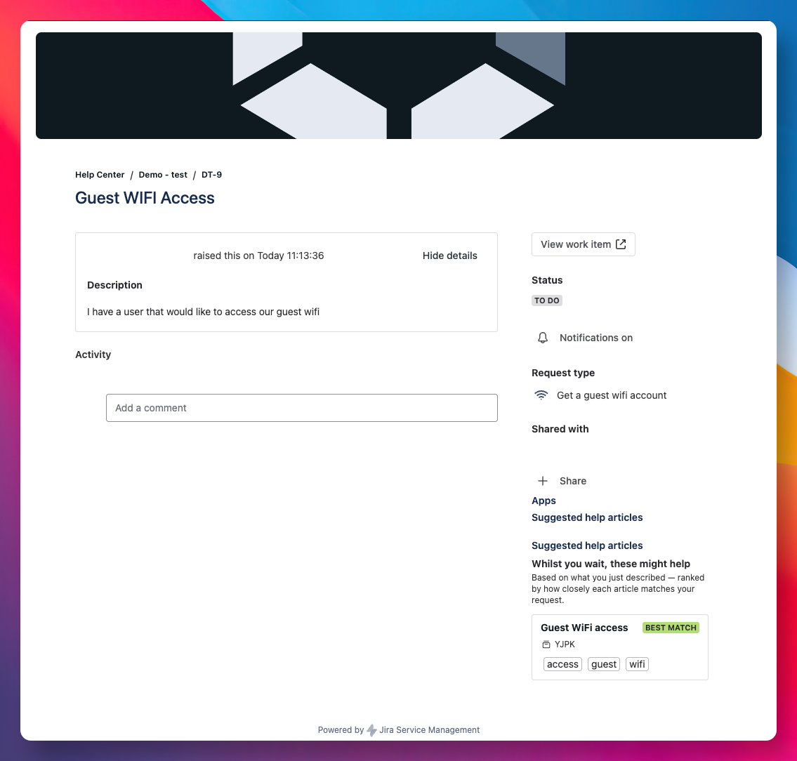 Customer portal request detail showing a suggested help article with a Best Match badge after the request has been submitted
