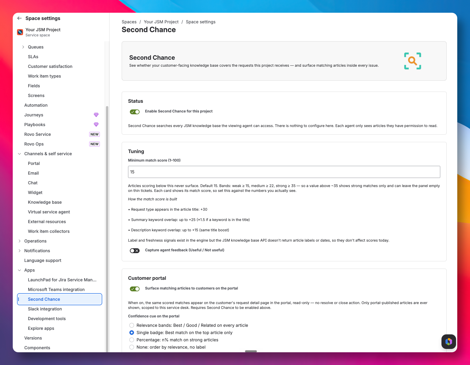 Second Chance project settings showing the enable toggle, minimum match score, agent feedback toggle, and customer portal settings